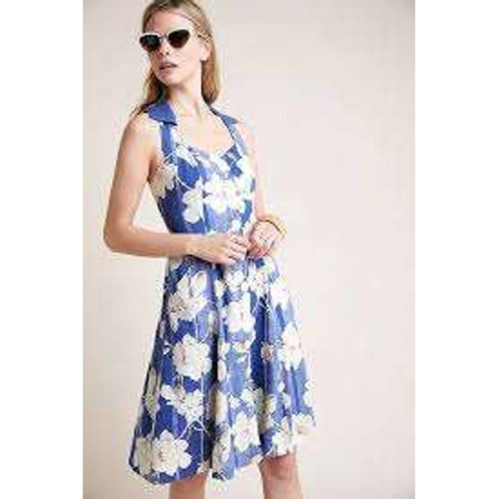 Anthropologie Blue Floral Camellia Collared Dress Pockets Rockabilly Cottage